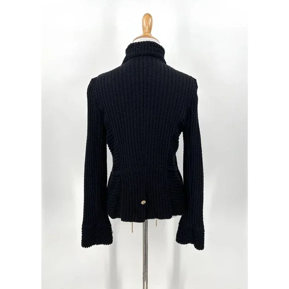 CHANEL 2010 Sweater Womens 34 Black Chain Details Open Cardigan Cotton Chunky - Picture 2 of 16
